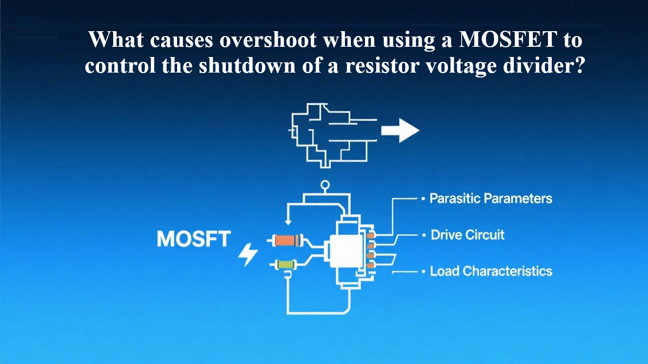 What causes overshoot when using a MOSFET to control the shutdown of a resistor voltage divider?